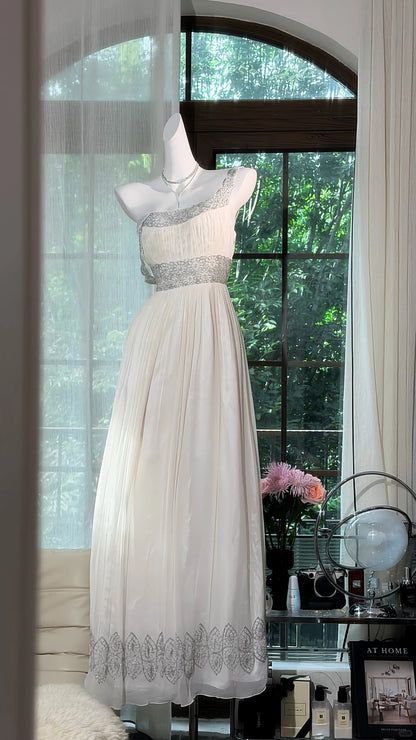 Vintage A line Square Neck White Chiffon With Beading Long Prom Dress Formal Outfits Party Dresses RB7559