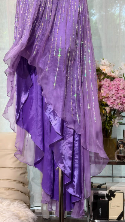 Sparkly Mermaid High Low Sweetheart Purple With Beading Prom Dress Formal Outfits Party Dresses RB7566