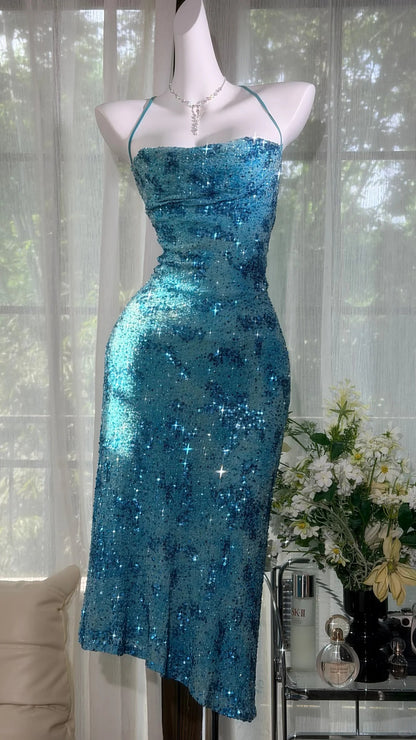 Classic Mermaid Halter Blue Sequin With Beads Midi Tea Length Prom Dresses Inspo Formal Outfits RB4509