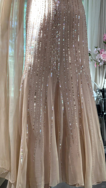 Modest Prom Dresses Mermaid Halter Champagne Chiffon With Beading Long Evening Outfits N3552