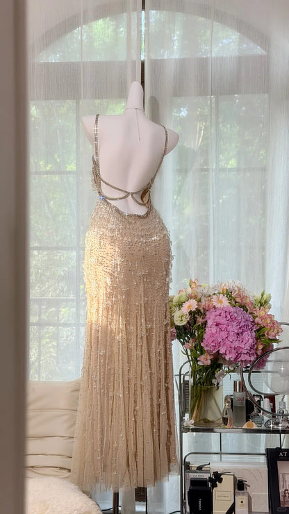 Vintage Mermaid Spaghetti Strap Champagne Tulle With Beading Prom Dress Formal Outfits Party Dresses RB7565