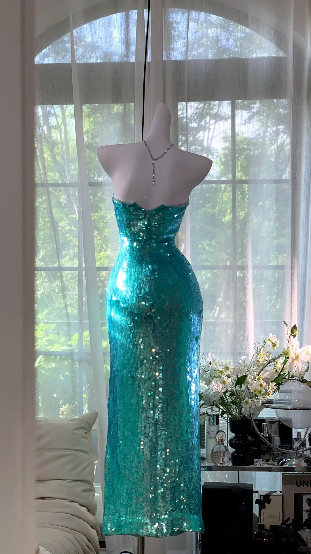 Charming Prom Dresses Mermaid Strapless Blue Sequin Ankle Length Evening Outfits N3564