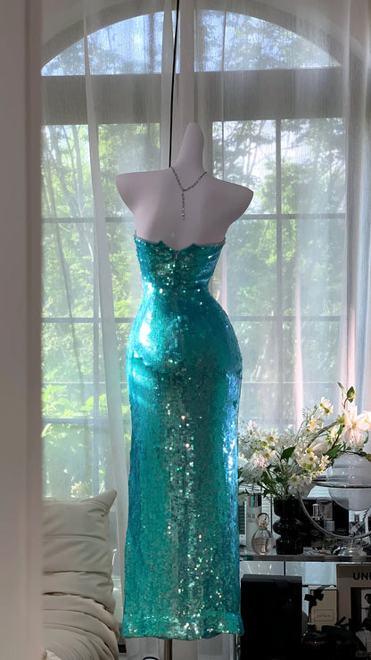 Charming Prom Dresses Mermaid Strapless Blue Sequin Ankle Length Evening Outfits N3564