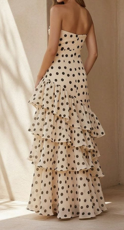 Sweetheart Black Polka Dots Chiffon Prom Dresses With Pleated And Ruffles Formal Dresses N592