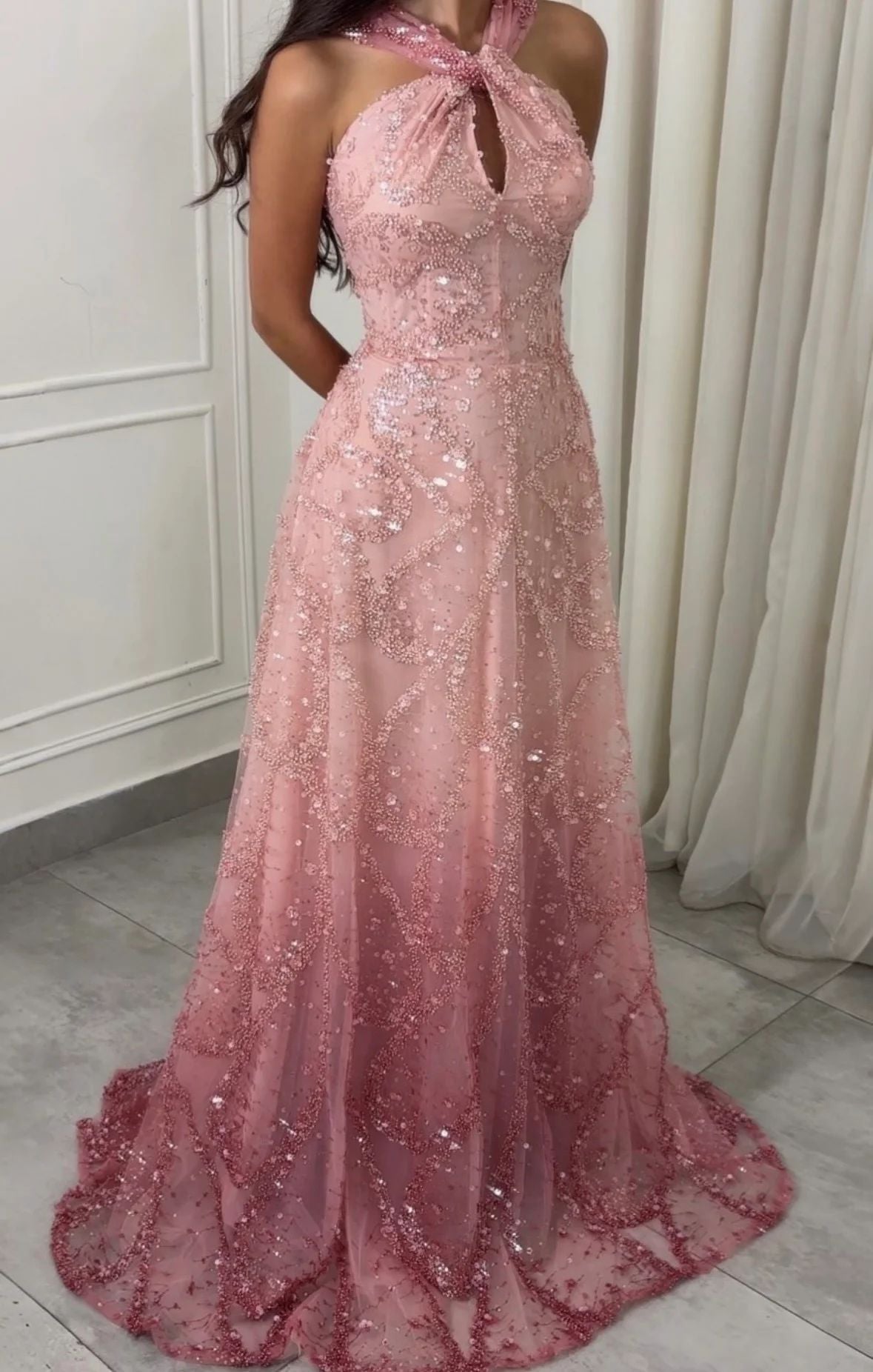 Elegant Halter High Open Sequin Bead Fishtail Skirt Pink Prom Formal Dresses N589