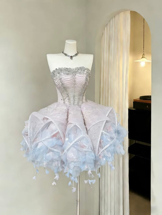 Fairy-tale Ball Gown Strapless Pink With Blue Feathers For Teens Girls Mini Senior Inspo Short Birthday Outfits Homecoming Dress RB3032