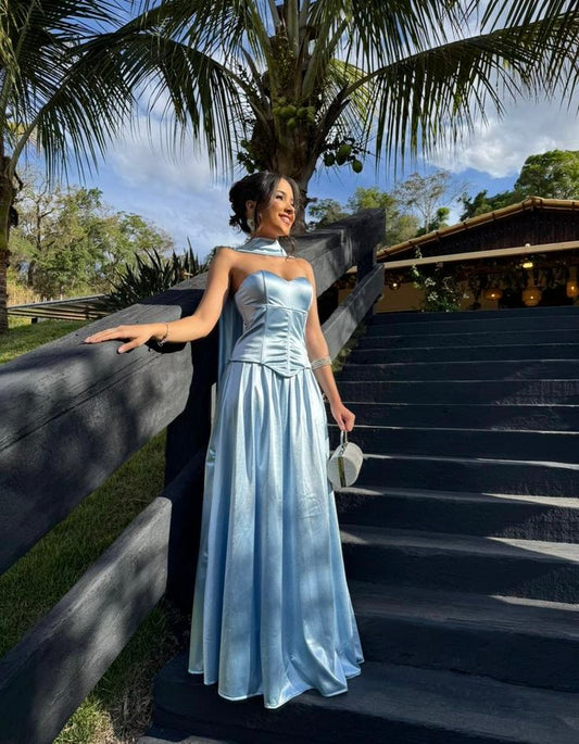 Simple A Line Sweetheart Light Sky Blue Satin With Scarf Long Prom Dresses Inspiration Evening Gowns For Women Formal Party Dress N229