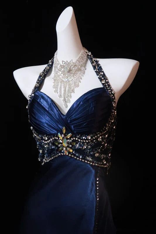 Luxury Mermaid Navy Blue Beaded Slit Evening Dress Formal Prom Dress For Party Gown AB328