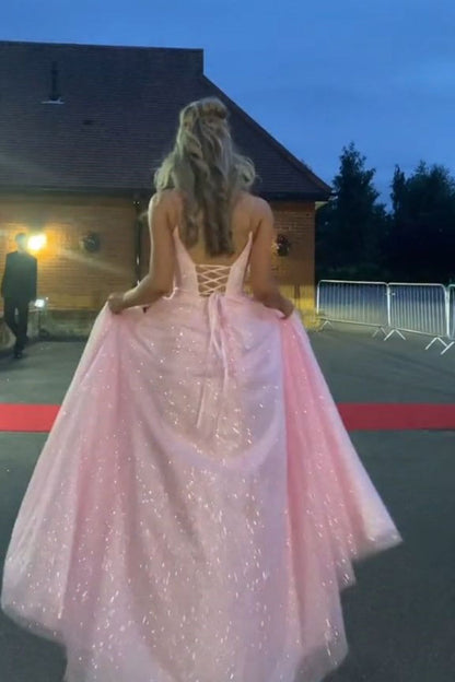Classy V-neck Pink Sparkle Tulle A-line Long Prom Dresses Inspo Long Prom Gown AB316