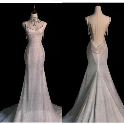 Mermaid Ivory White Sequin Spaghetti Straps Long Backless Pleats Wedding Dress AB976