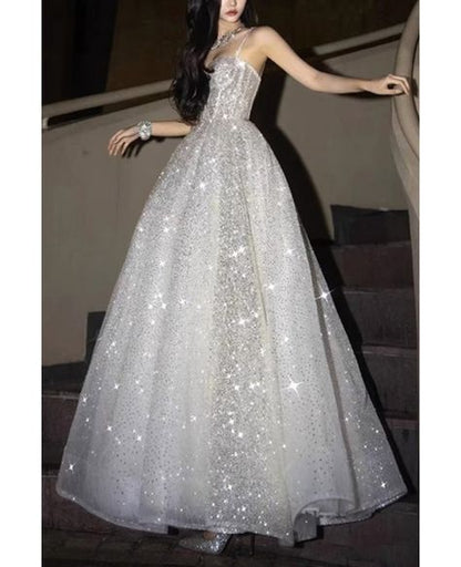 A line Bling Silver Corset Top Long Prom Dress With Straps AB963