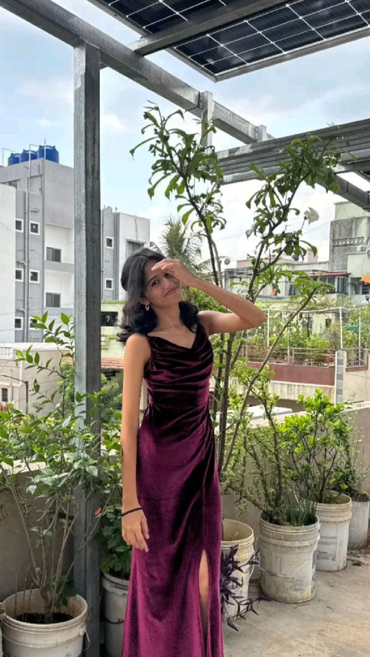 Modest Mermaid Spaghetti Strap Grape Velvet With Slit Prom Dresses Long Birthday Party Dress Evening Dresses N231