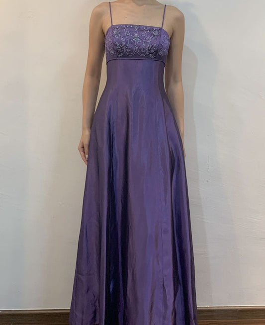 Vintage A Line Spaghetti Strap Grape With Beading Sleeveless Long Formal Dress Evening Gown Prom Dresses N2555