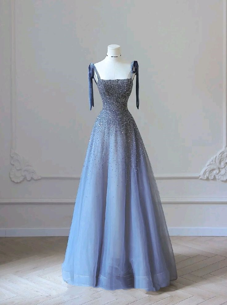 Modest A line Straps Blue With Beaded Sequin Prom Dresses Long Birthday Party Dress Evening Dresses N234