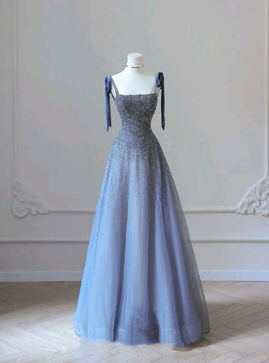 Modest A line Straps Blue With Beaded Sequin Prom Dresses Long Birthday Party Dress Evening Dresses N234