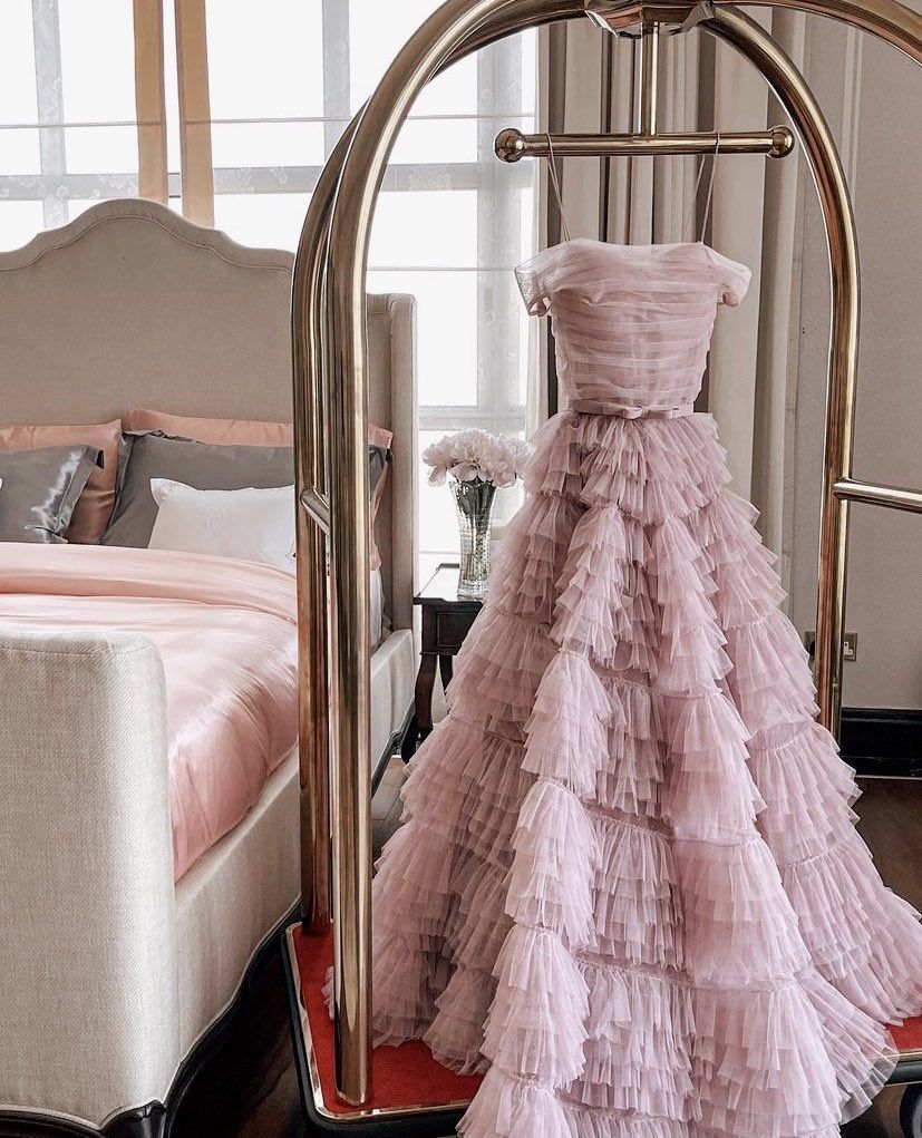 Fairy Ball Gown Strapless Pink Tiered Tulle Long Prom Dresses Evening Dress Sweet 15 16 Gown AB1752