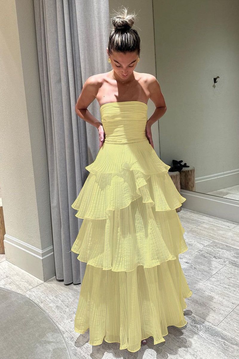 Elegant Strapless Tiered Floor Length Prom Dress, A Line Ruched Long Formal Evening Dress AB198