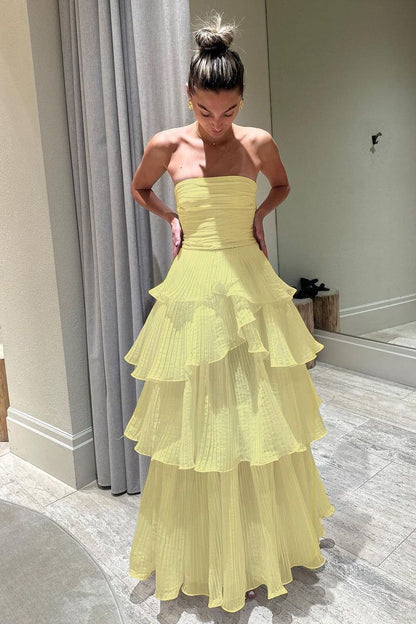 Elegant Strapless Tiered Floor Length Prom Dress, A Line Ruched Long Formal Evening Dress AB198