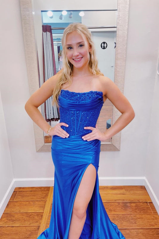 Strapless Royal Blue Appliques Long Prom Dress with Slit For Women AB1558