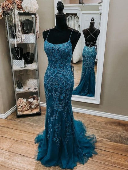 Dark Blue Mermaid Spaghetti Straps Appliques Formal Prom Dress AB1585