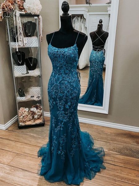 Dark Blue Mermaid Spaghetti Straps Appliques Formal Prom Dress AB1585