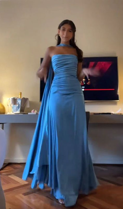 Elegant Strapless A Line Blue Prom Dresses Long Evening Dress AB1551
