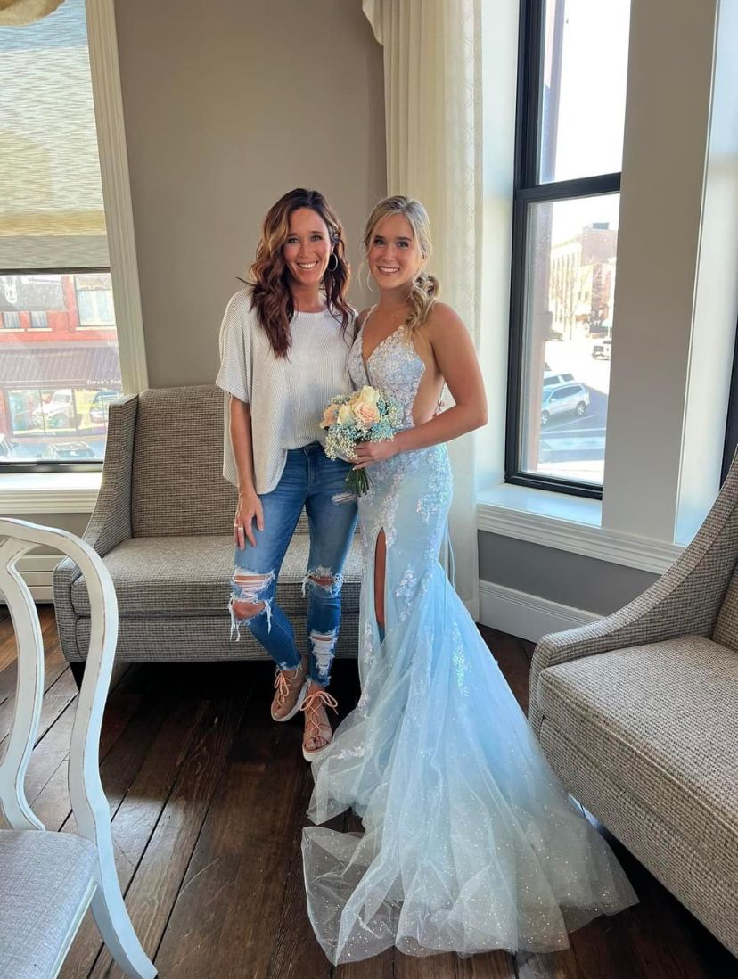 Blue Tulle Lace Party Dress Mermaid Spaghetti Straps Long Modest Prom Dresses Evening Gowns AB1572
