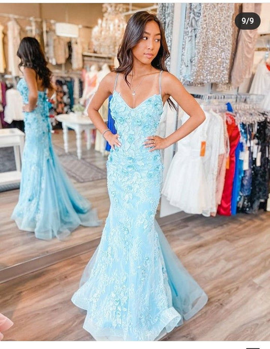 Blue Tulle Lace Party Dress Mermaid Spaghetti Straps Long Sexy Prom Dresses Evening Dress AB1568
