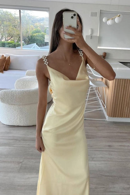 Sheath Spaghetti Straps Satin Long Prom Dresses With Pearls For Women AB1549