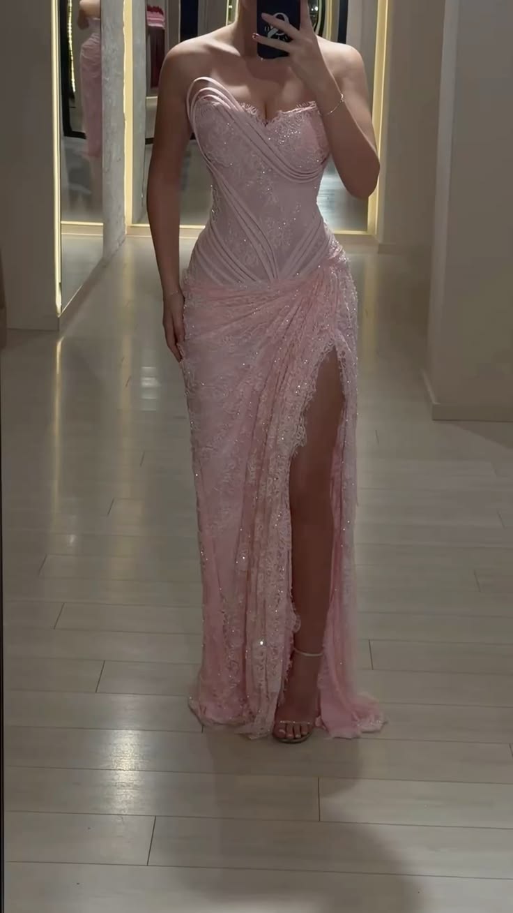 Dreamy Pink Lace Sweetheart Sleeveless Prom Dresses Mermaid Sheath With Slit Beading For Women N4055