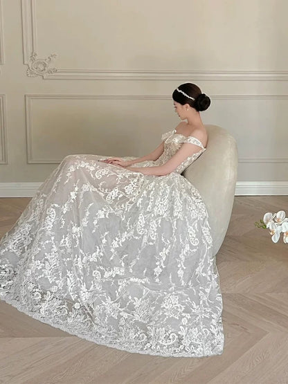 Timeless Ball Gown Off The Shoulder Lace Ivory Wedding Dress With Sleeves Fairytale Wedding Dresses AU471