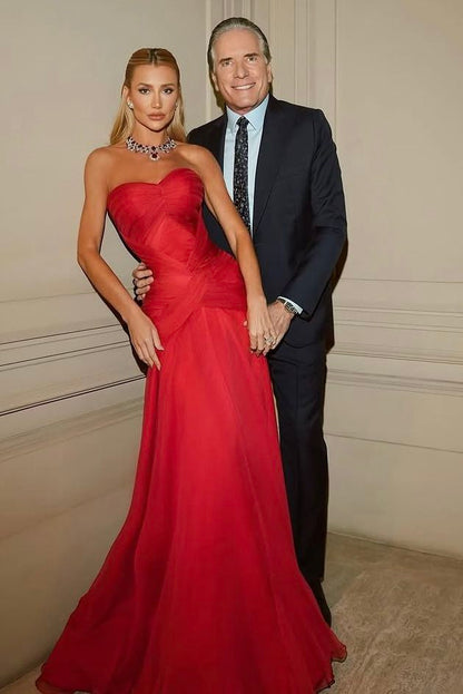 Graceful Mermaid Strapless Red Chiffon Sleeveless Pleated Prom Dress Formal Evening Dress Party Gowns AB423