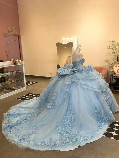 Unique Ball Gown Sweetheart Blue Tulle With Multi Layered Long Prom Quinceanera Dresses Sweet 15 16 Birthday Gown AB1237