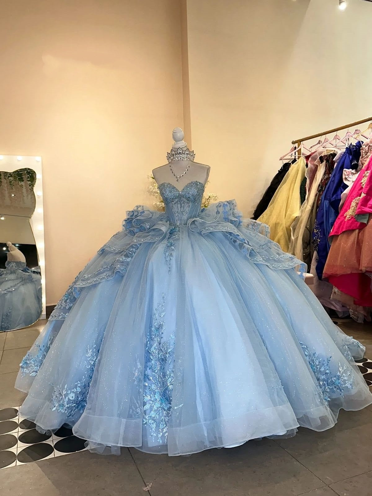 Unique Ball Gown Sweetheart Blue Tulle With Multi Layered Long Prom Quinceanera Dresses Sweet 15 16 Birthday Gown AB1237