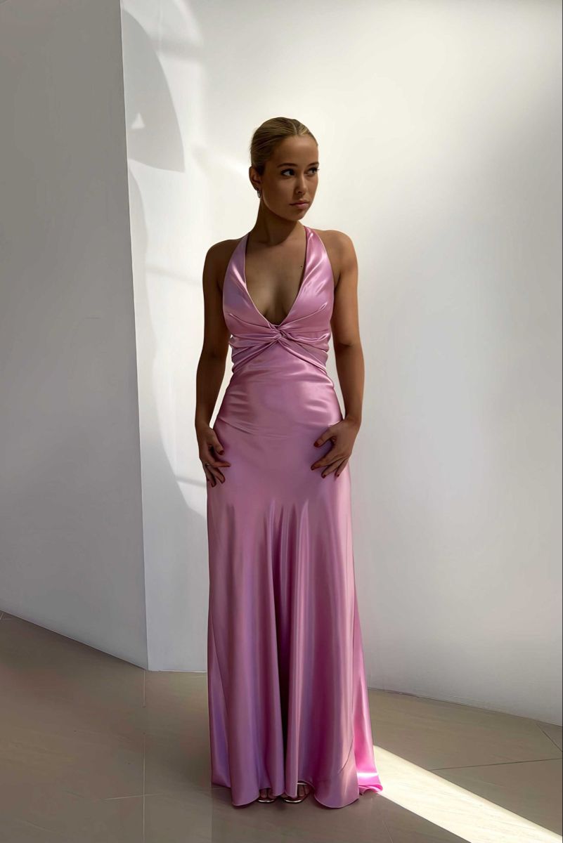 Modest Mermaid Halter Pink Satin Long Evening Summer Beach Black Tie Prom Dresses Spring Wedding Guest Dress N1396