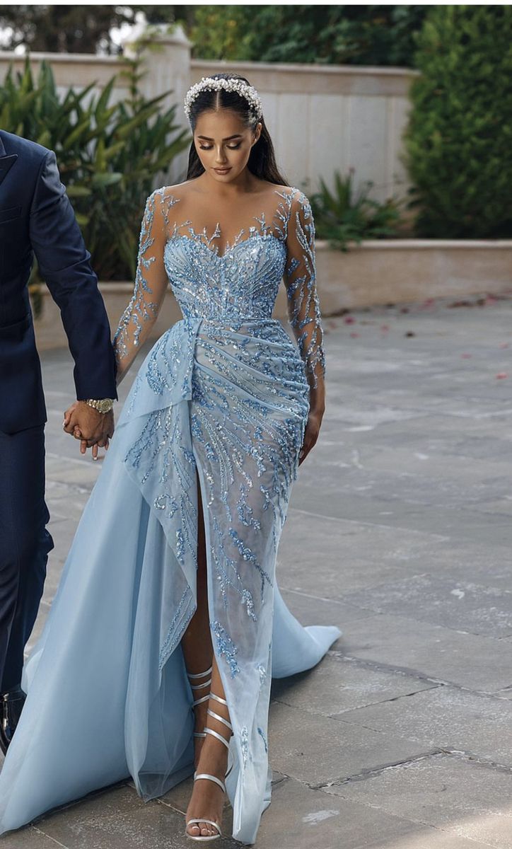 Modest Mermaid Scoop Light Sky Blue With Beaded Split Prom Dresses Long Birthday Party Dress Evening Dresses N235