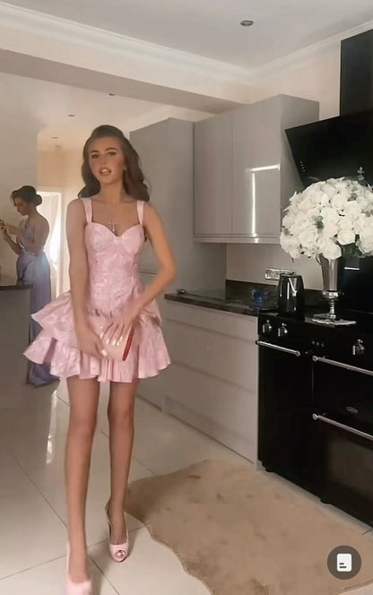 Cute A Line Pink Straps Short Summer Birthday Dress Hoco Dress Birthday Outfit 19Th Birthday Mini Party Dresses RB4157
