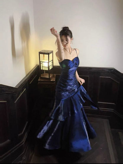 Elegant Mermaid Spaghetti Strap Long Satin Pleated Ruffles Royal Blue Prom Dresses Vestidos De Dia AB555