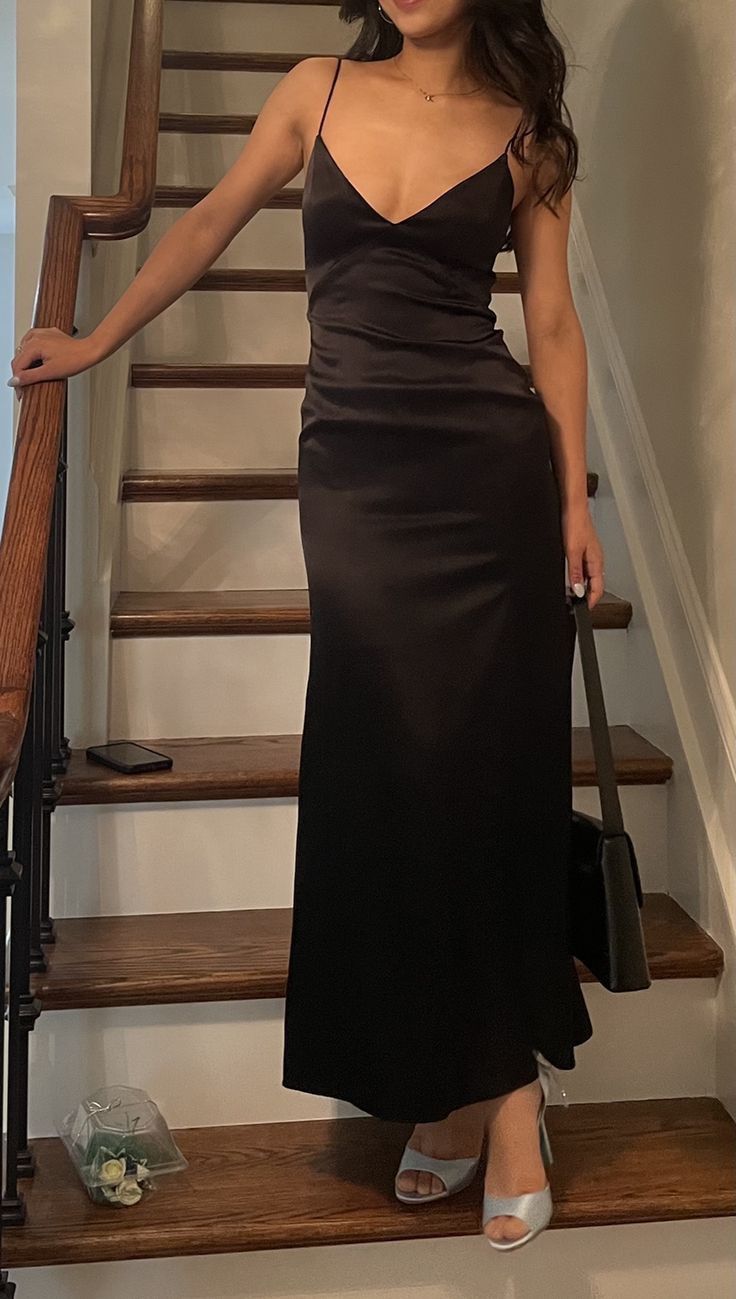 Simple Sheath Spaghetti Strap Black Satin Long Prom Dresses Formal Dress Party 20th Birthday Outfits N421