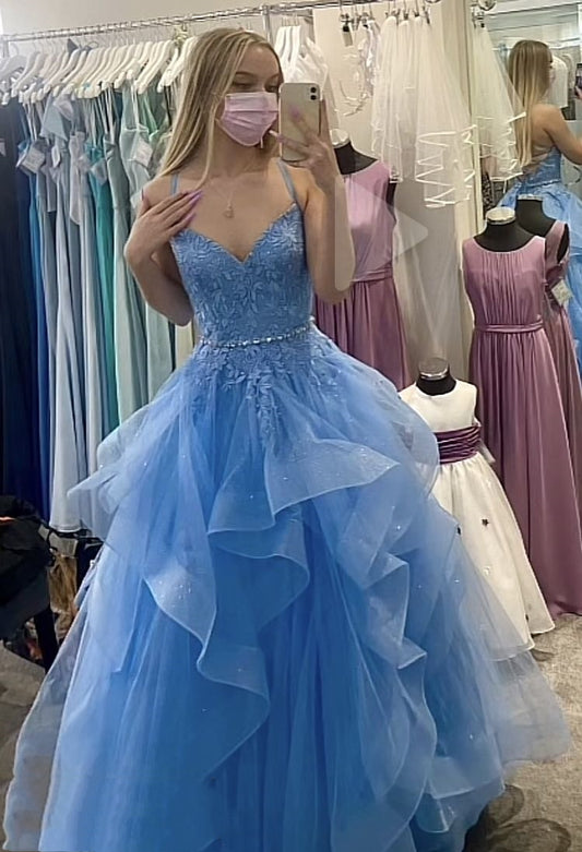 Cute Ball Gown Halter Blue Tulle With Appliques Long Prom Dresses Senior Graduation Dance Evening Outfits N420