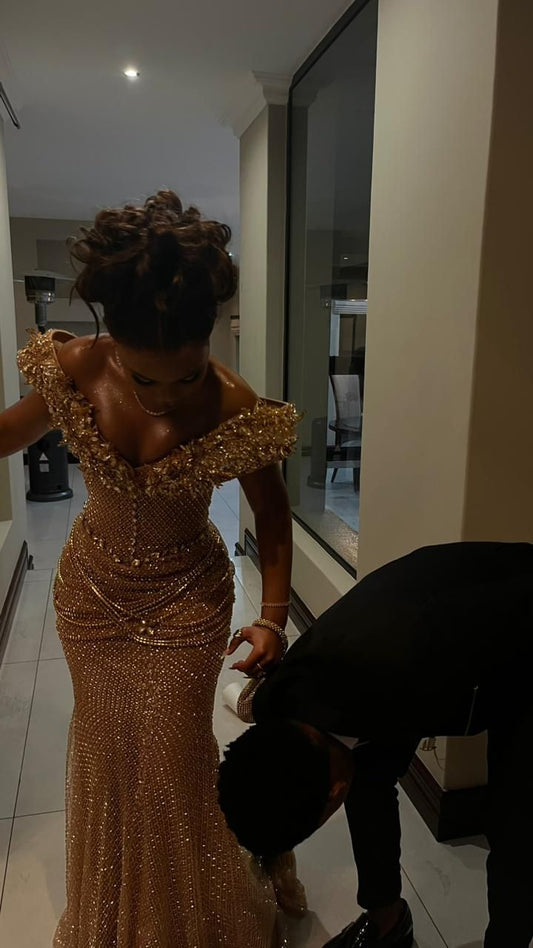 Modest Mermaid Off The Shoulder Gold Sequin With Beaded Sleeves Prom Dresses Long Birthday Party Dress Evening Dresses N236