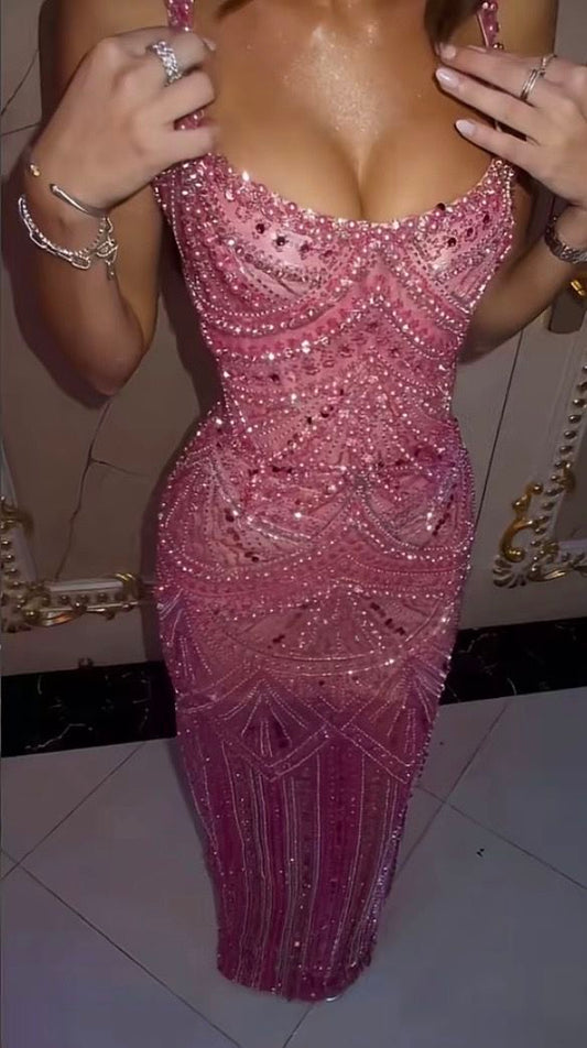 Glitter Square Neck Pink Long Party Dress Prom Dresses Sequin Mermaid Bodycon For Teens Girls Women N4097
