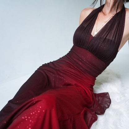 Vintage Mermaid Halter Chiffon Burgundy Prom Dress Inspo Aesthetic For Teens Formal Dresses Party Outfits Prom Gown AB1137