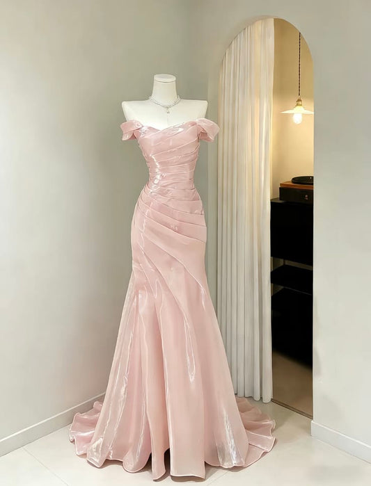 Modest Prom Dresses Mermaid Off The Shoulder Pink With Sleeves Evening Long Formal Dress RB3015