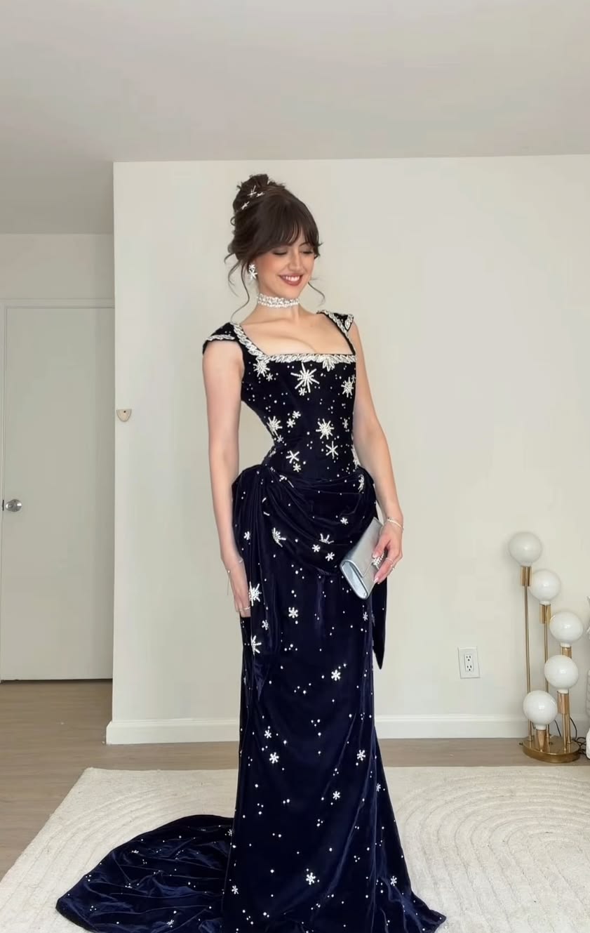 Prom Dress Mermaid Square Navy Blue Vestidos Velvet Floor Length Formal Gown for Women Graduation Party RB9446