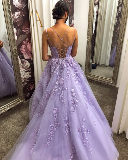 Cute Ball Gown Spaghetti Strap Lilac Tulle With Appliques Long Prom Dresses Senior Graduation Dance Evening Outfits N421
