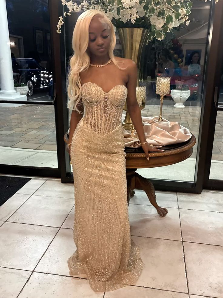 Mermaid Sweetheart Champagne Long Prom Dress With Beaded Bodice Evening Dresses N629
