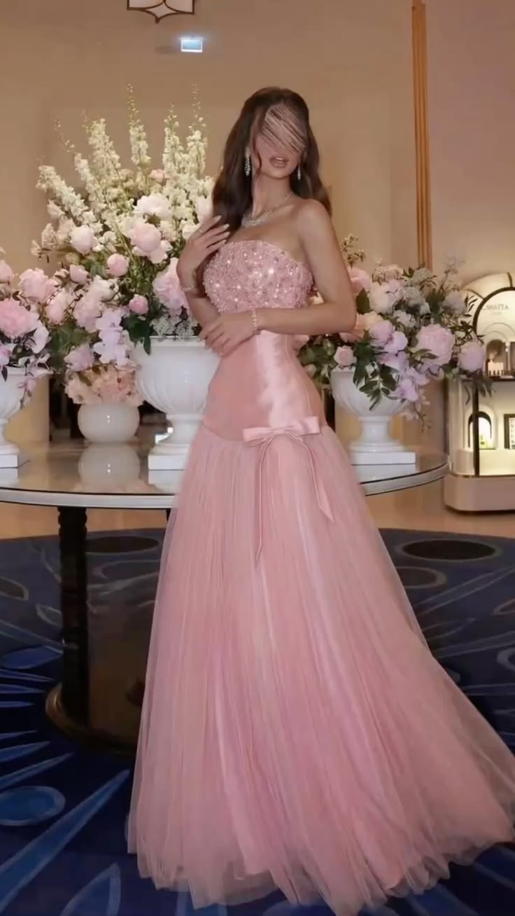 Chic Mermaid Strapless Pink Tulle Drop Waist Prom Dress Formal Gown for Women Graduation Party RB9481