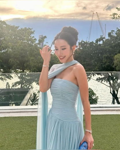 Modest Mermaid Strapless Light Sky Blue Chiffon Drop Waist Long Prom Dresses Senior Graduation Dance Evening Outfits N425