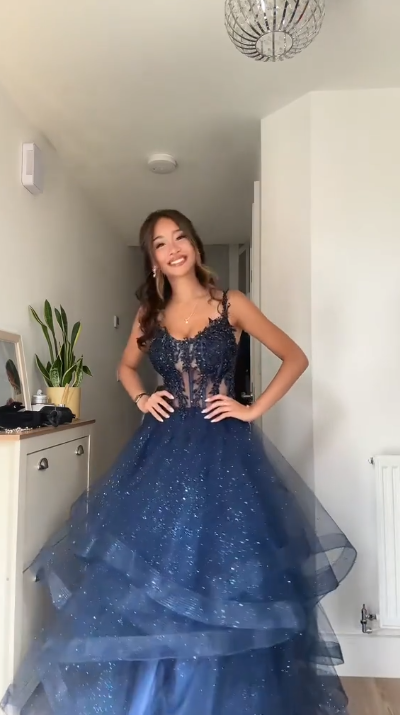 Unique Ball Gown Spaghetti Straps Navy Blue Tulle Lace Prom Dresses Party Dress 21st Birthday Outfits Graduation Dress RB896